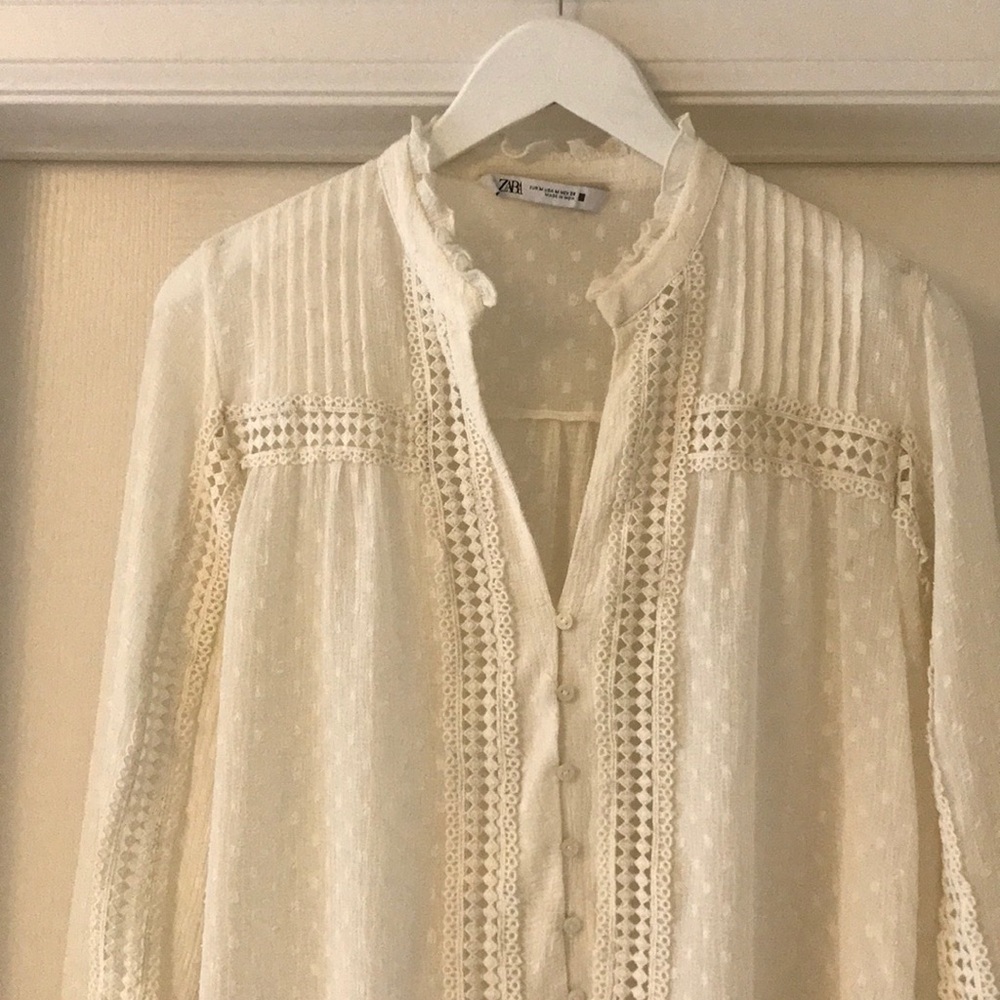 ZARA Ivory Blouse with Lace Detail, EUC.